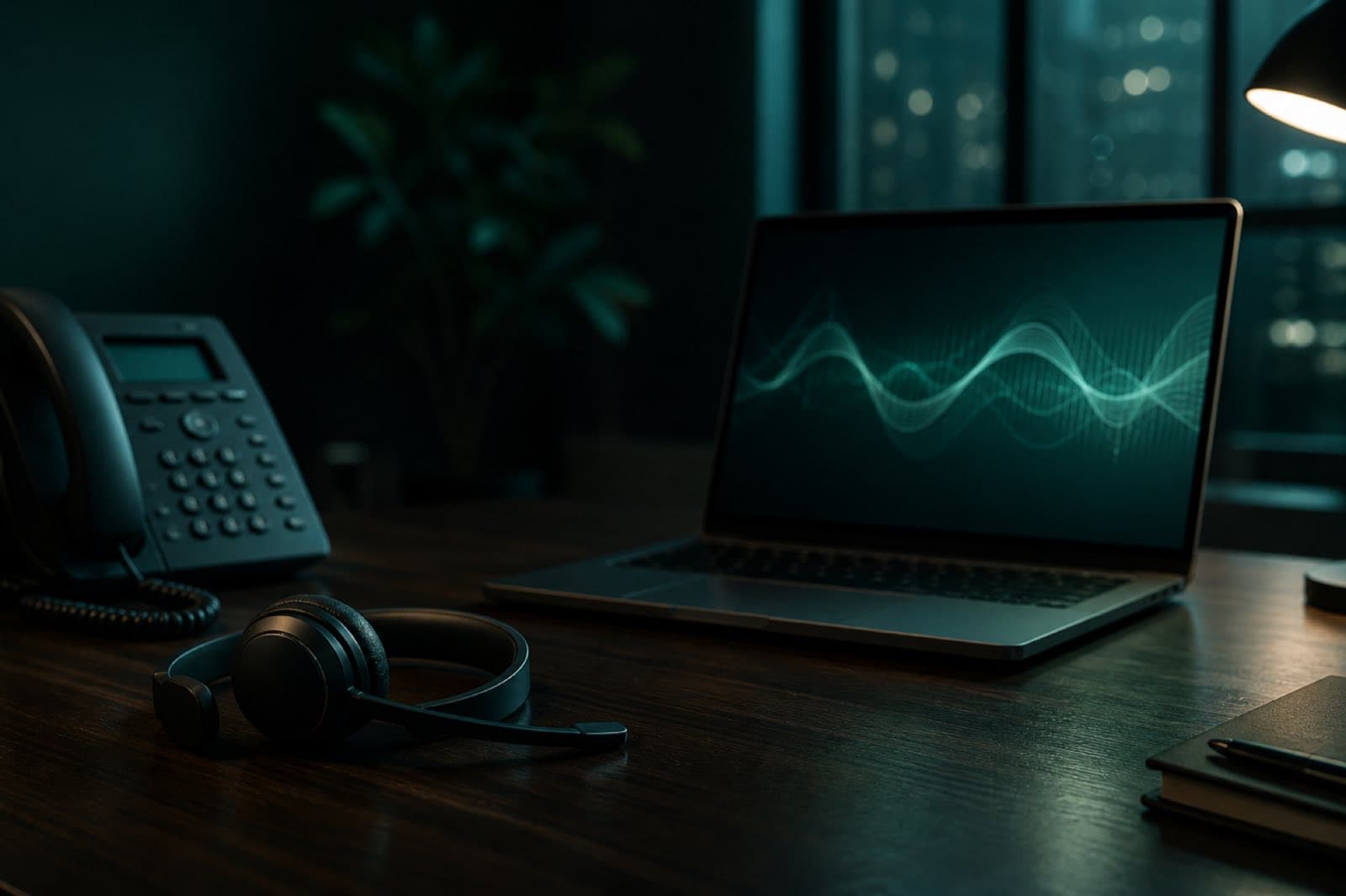 Laptop displaying a teal voice waveform beside a business phone and headset in a modern office