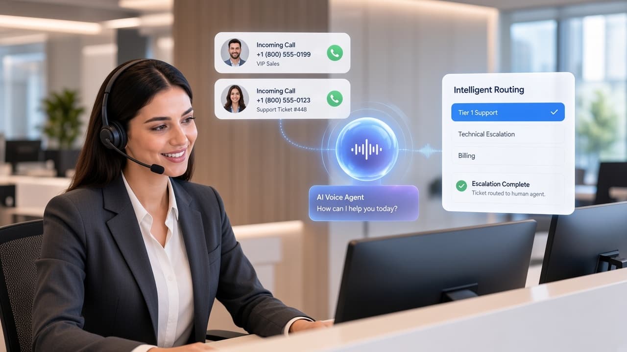 Contact-center support agent with AI voice routing, intent detection, and human escalation