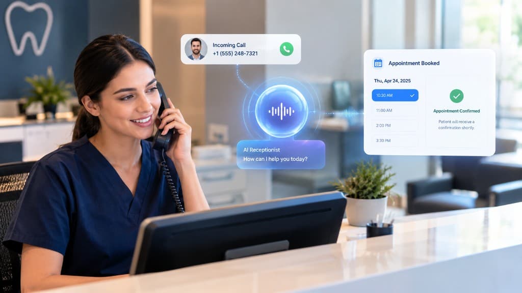 Dental receptionist answering a patient call with AI receptionist and appointment confirmation overlays