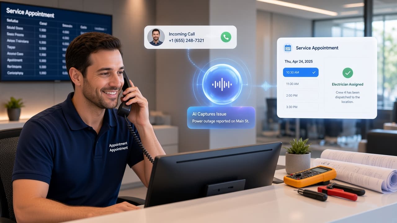 Electrical service dispatcher answering a customer call with AI issue capture and technician assignment
