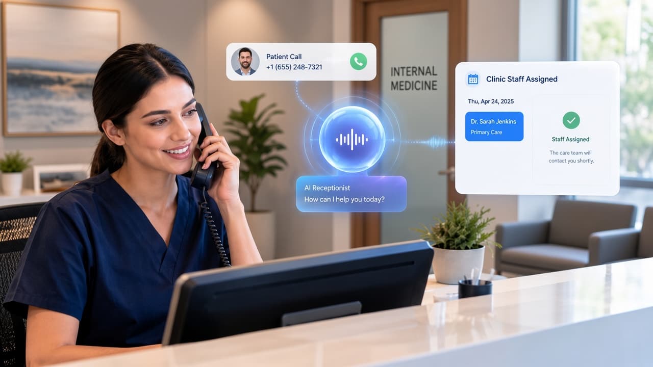 Clinic receptionist handling a patient call with AI receptionist and appointment coordination