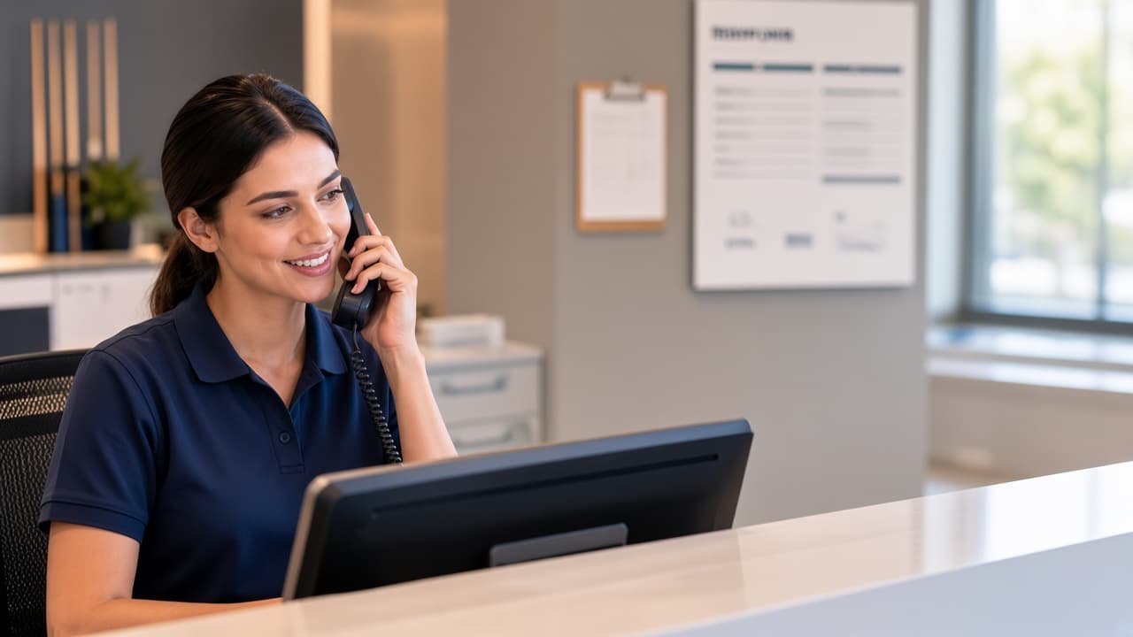 HVAC dispatcher handling an inbound service call with AI receptionist and technician scheduling overlays