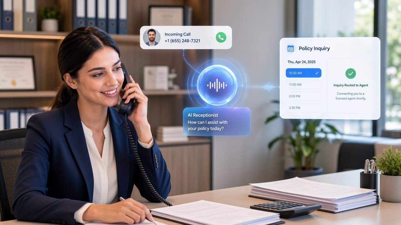 Insurance representative handling a customer inquiry with AI intake and human handoff