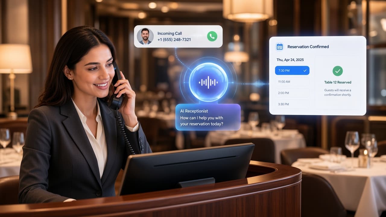 Restaurant host handling a reservation call with AI receptionist and table confirmation