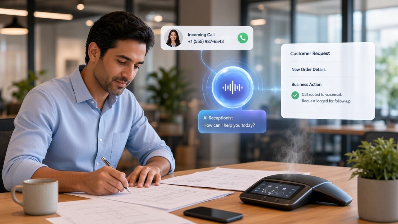 Busy business owner while AI answers the inbound call and captures the customer request