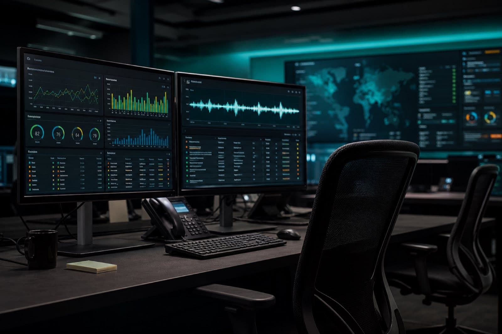 Operations console with dual monitors showing voice analytics and CRM dashboards