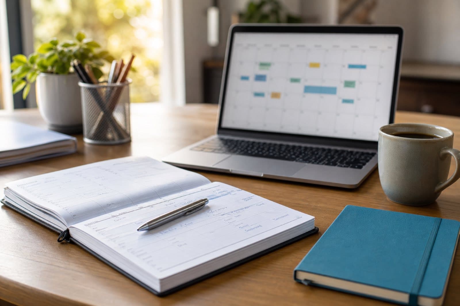 Workspace with a digital calendar on a laptop for appointment scheduling