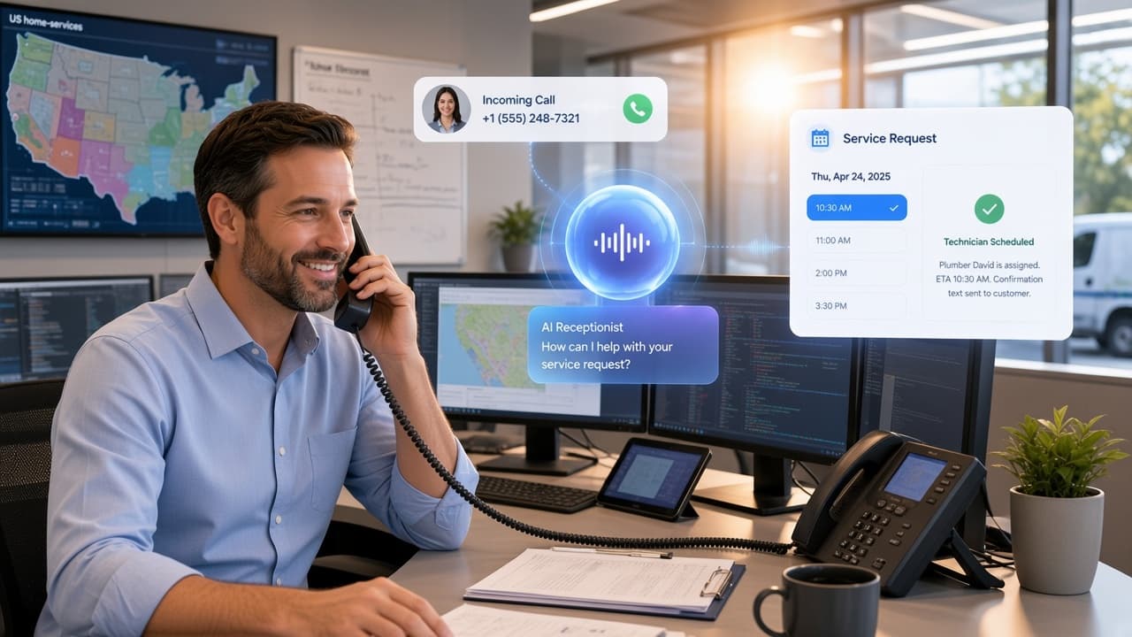 Home-services dispatcher handling a homeowner call with AI receptionist and technician scheduling