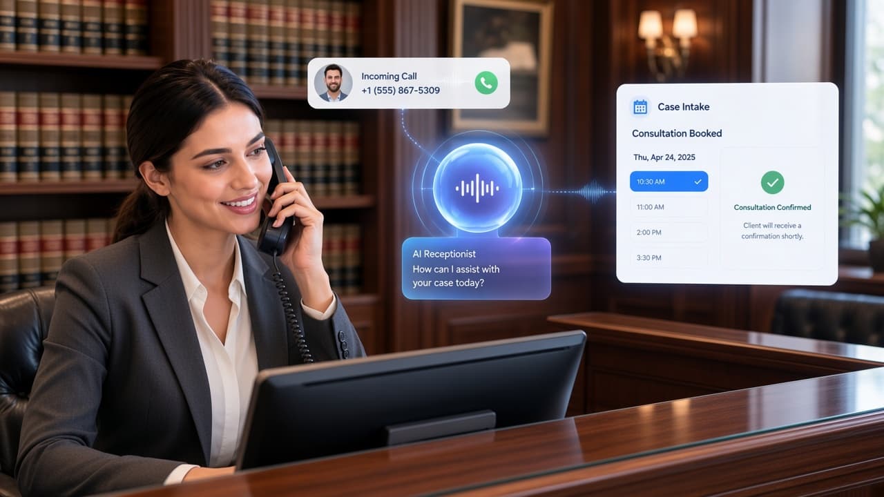 Law office intake specialist receiving a potential client call with AI qualification and attorney handoff