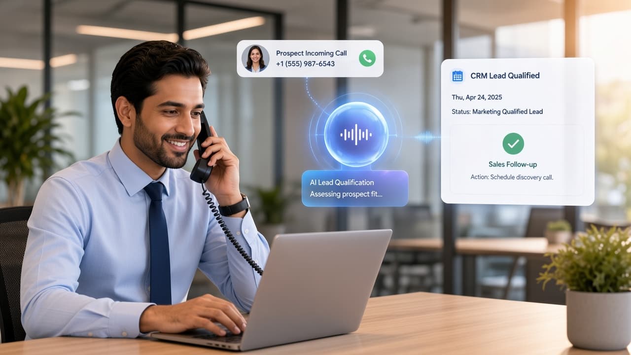 Sales professional receiving a CRM lead qualified by an AI phone conversation